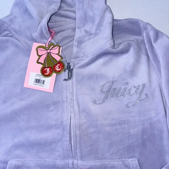 Juicy Couture Lavender Velour Tracksuit Set Rhinestone Logo Hoodie Pants XL NEW